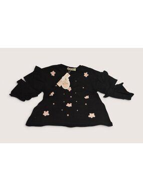 Doe A Dear 3T Black Dress Floral Pearl Embellished Ruffle Sleeve NWT